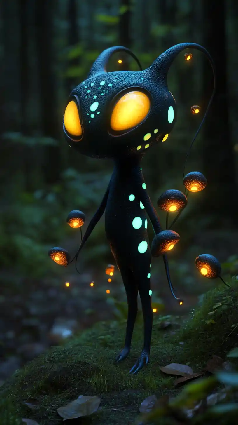 Alien creature with glowing lures in a bioluminescent forest