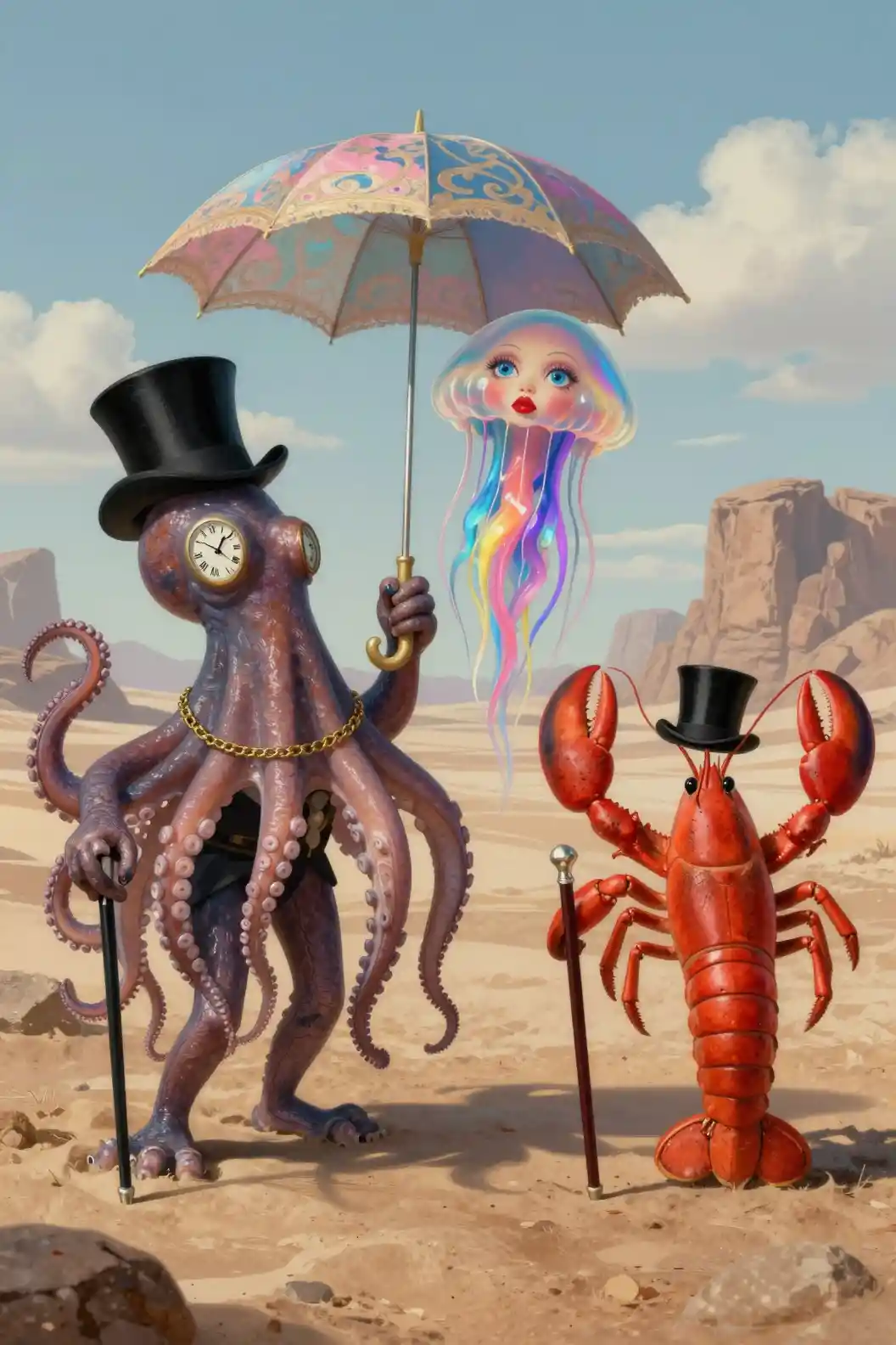 Surreal sea creatures in formal attire crossing a desert