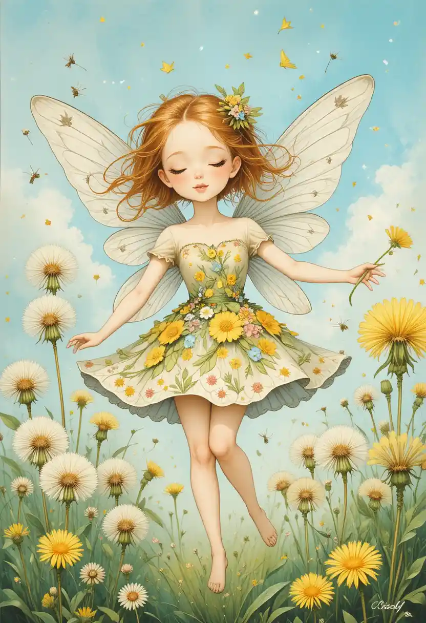 Joyful dandelion fairy girl with large wings dancing