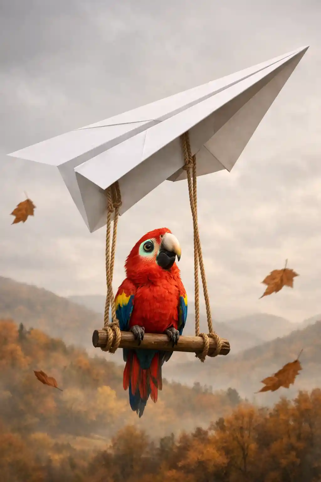 Colorful parrot riding a paper airplane above autumn hills