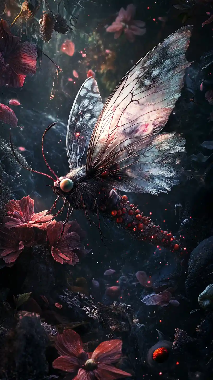 Ethereal moth dragon spirit dissolving into petals and spores