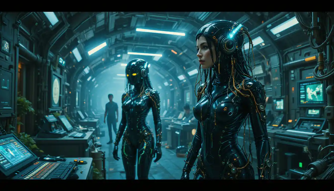Biopunk woman in living biomechanical tube filled cathedral