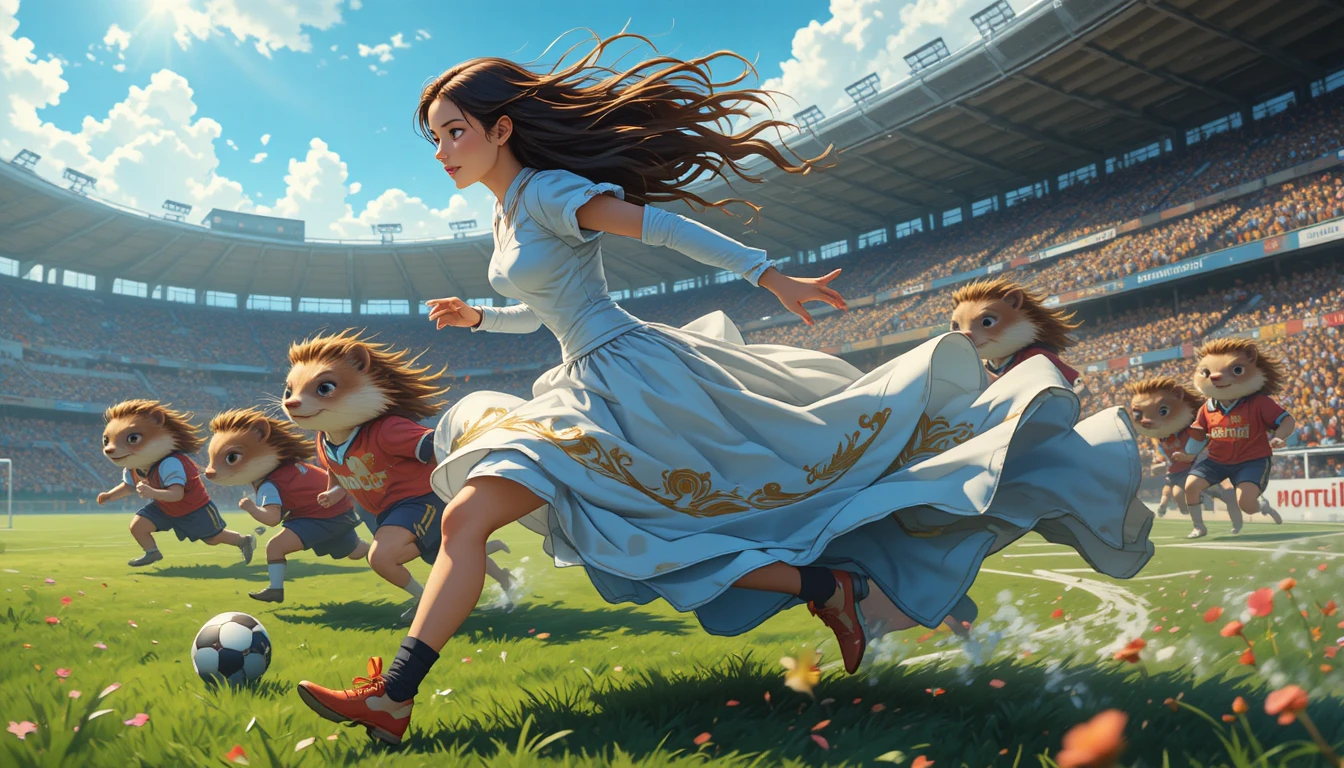 Elegant anime girl sprinting across a soccer field