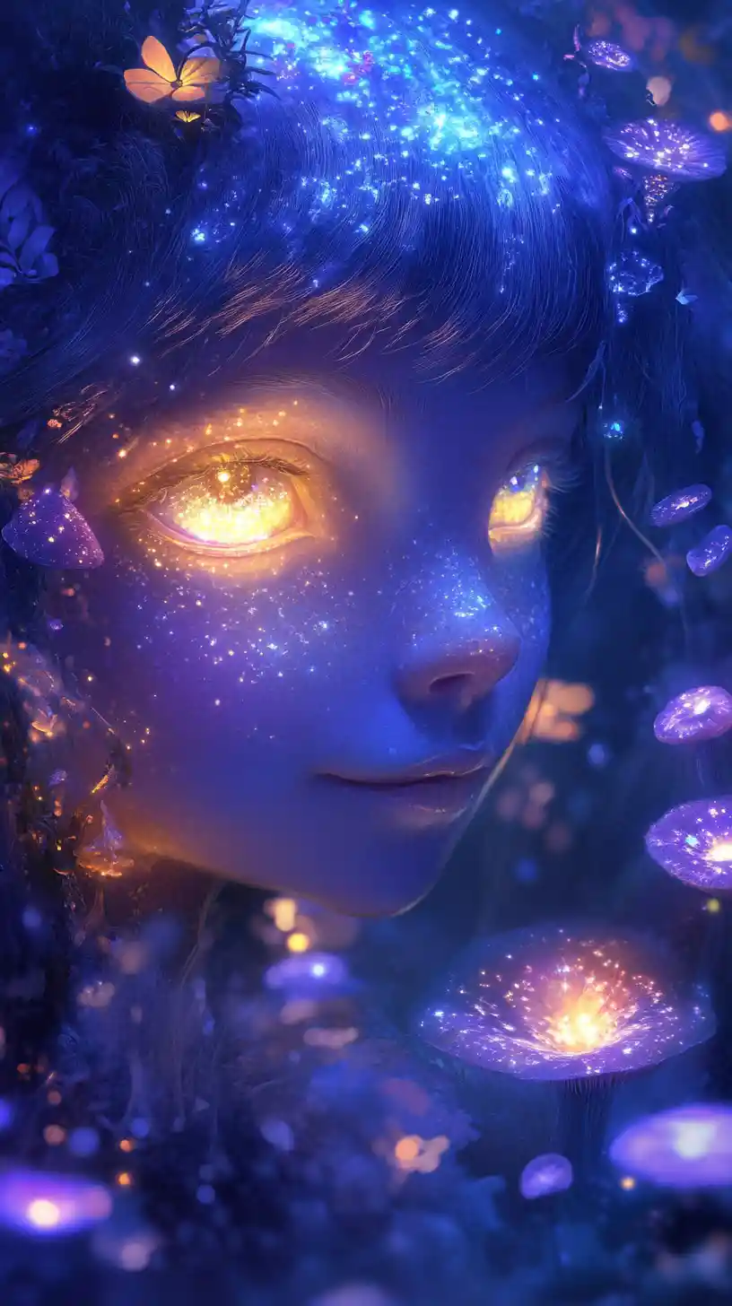 Dreamy forest spirit with glowing eyes in misty light