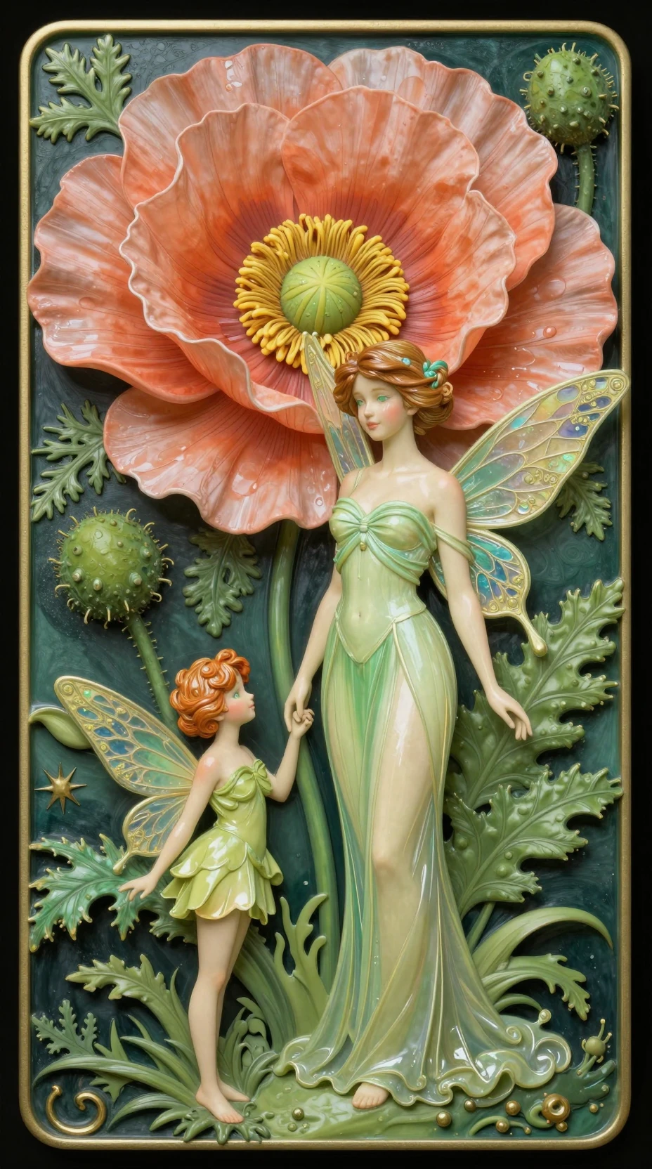 Joyful flower fairy beside a giant poppy blossom