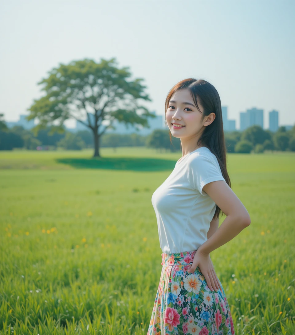 Smiling young woman standing in a sunny green park