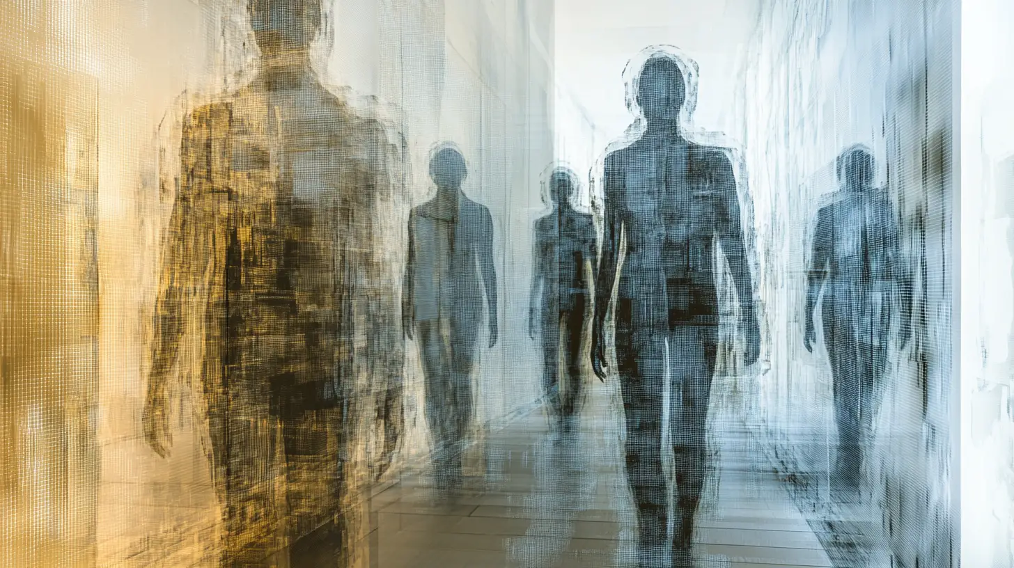 Layered corridor with ghosted figures and shifting structure