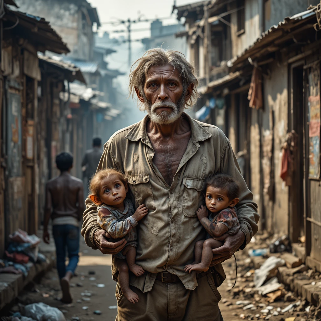 Exhausted monkey father guarding his children in urban slum
