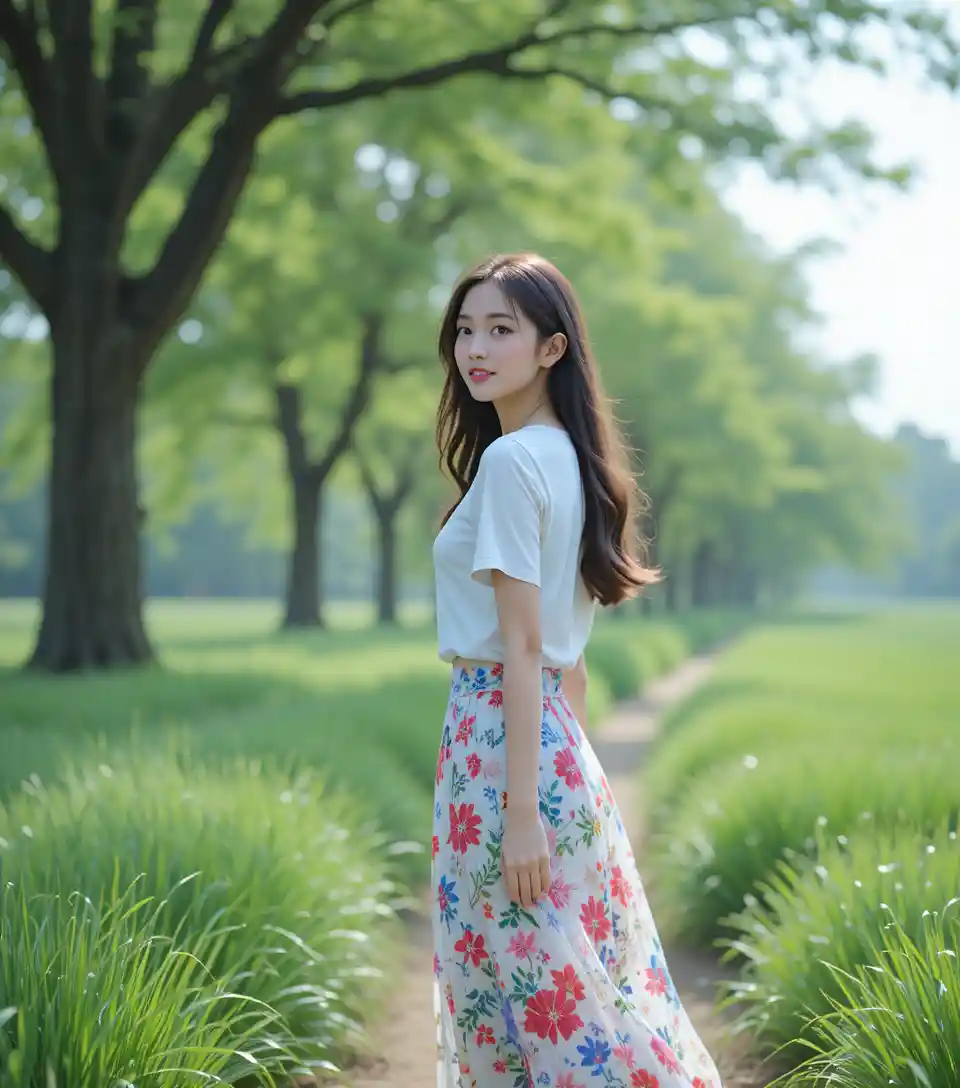Young woman walking through a sunlit green meadow