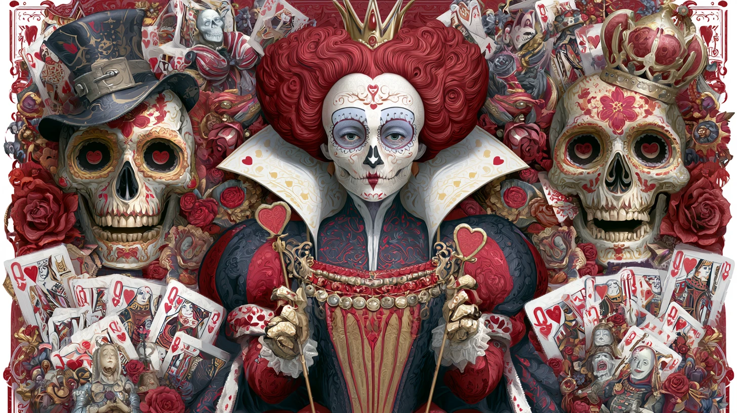Surreal sugar skull queen of hearts with laughing skulls