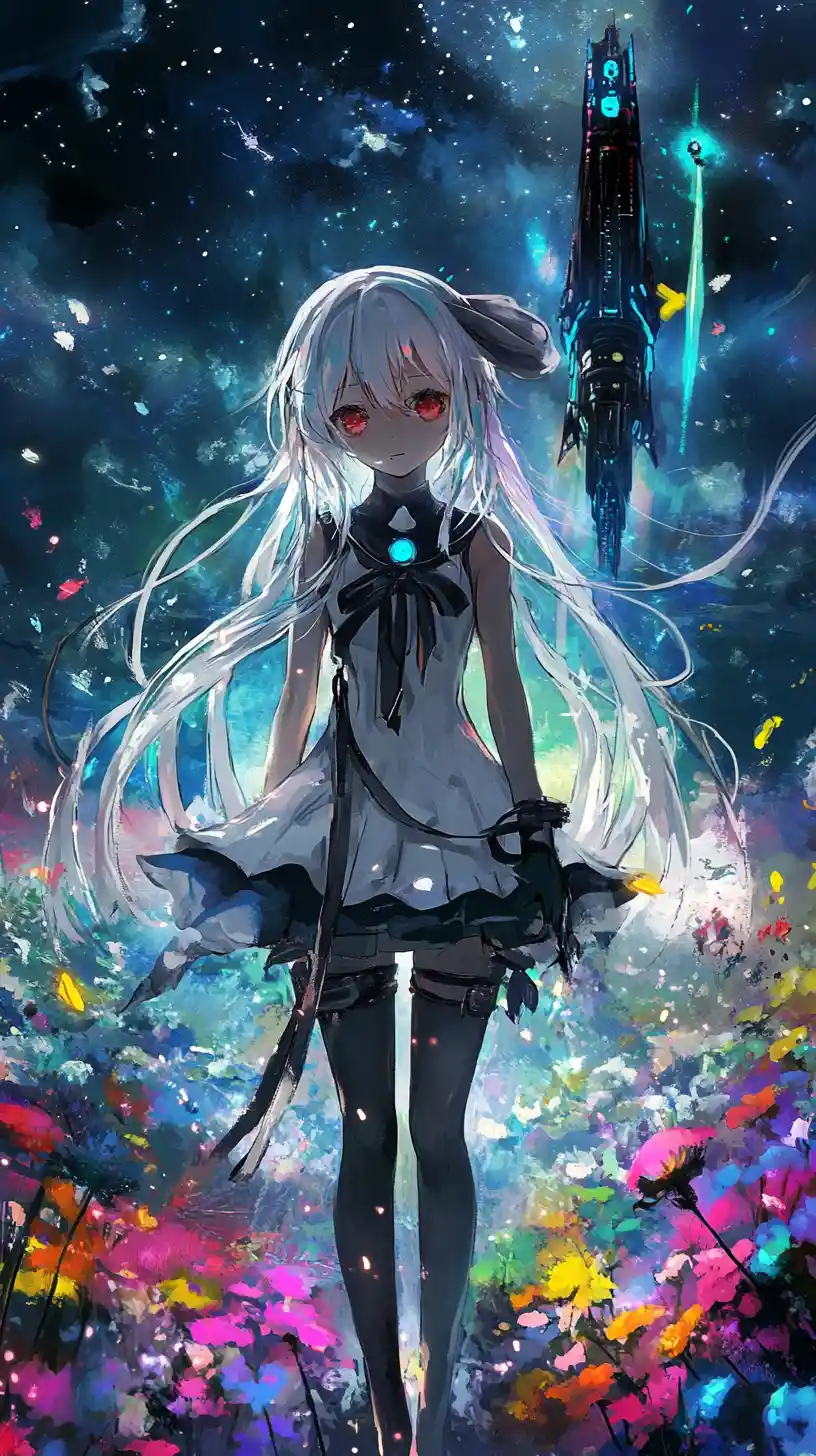 Anime girl with long white hair holding a katana