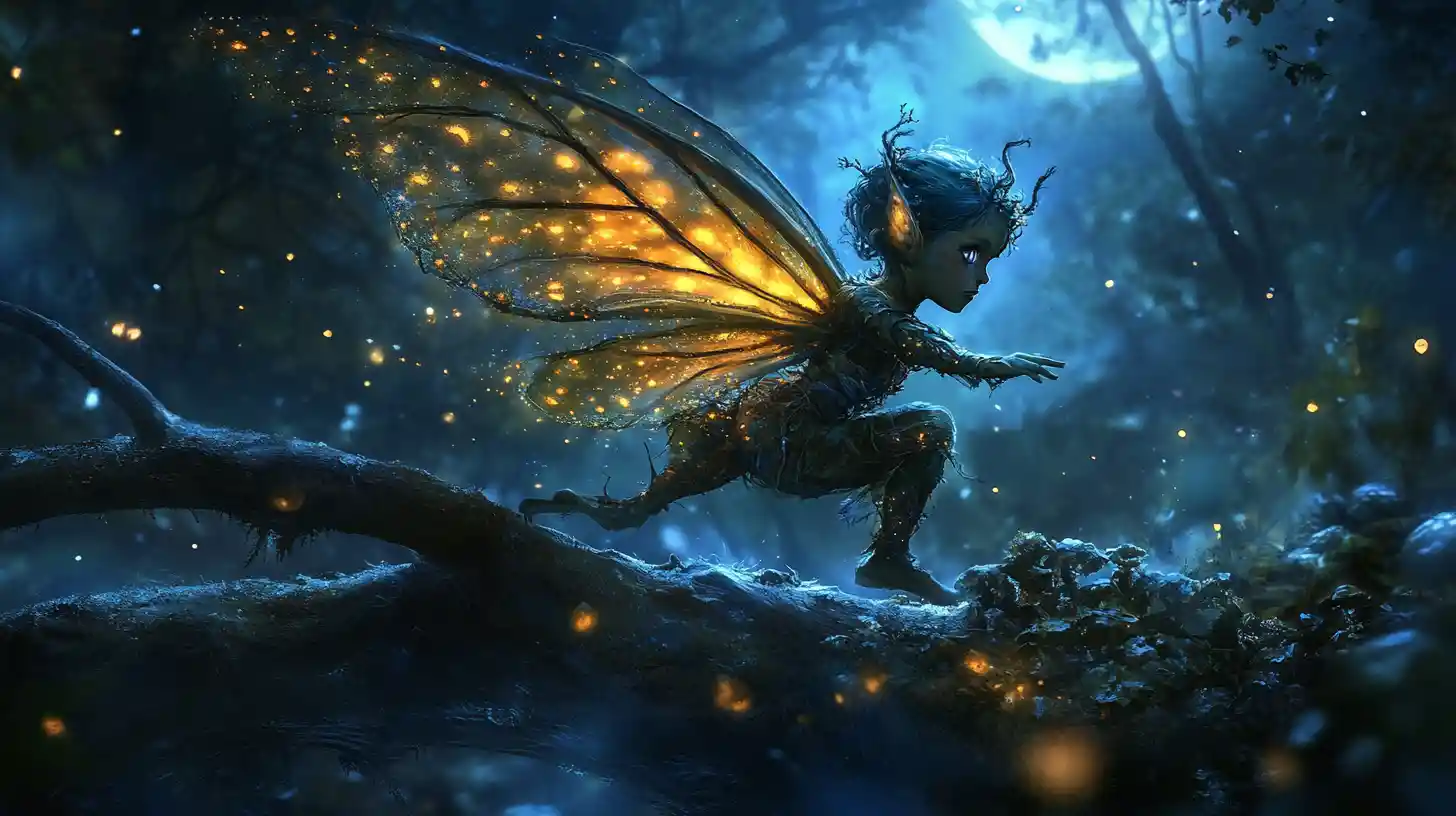 Fairy scout leaping through a moonlit mystical forest