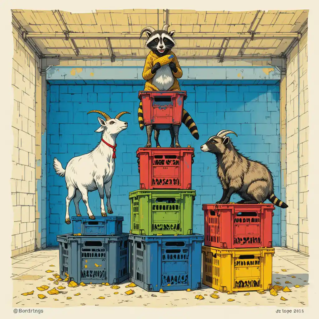Goats Balancing On Colorful Crates In A Bright Garage