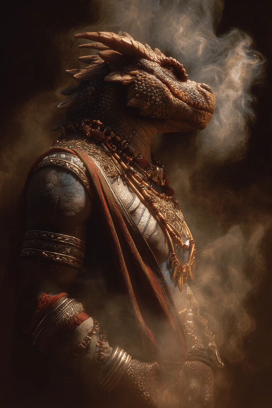 Portrait of a Mediterranean dragon warrior in glowing smoke