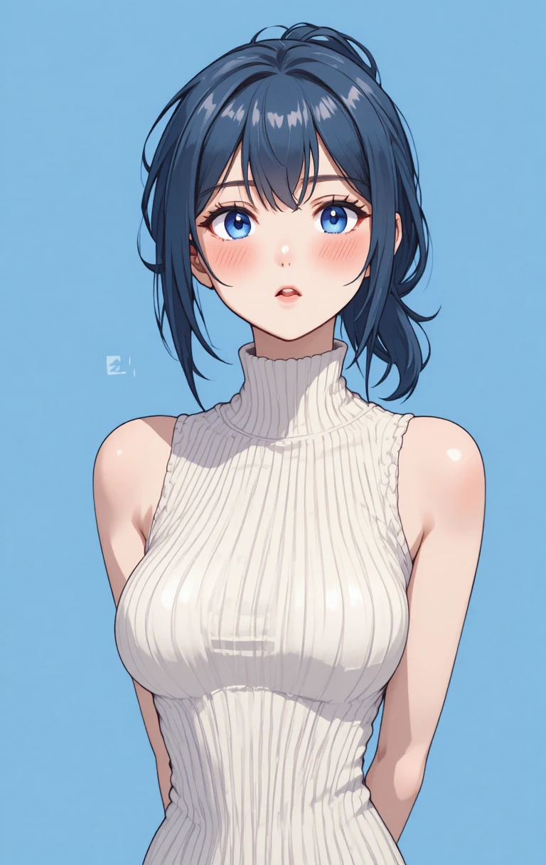 Errötendes Anime-Mädchen im cremefarbenen Rollkragen vor blauem Hintergrund