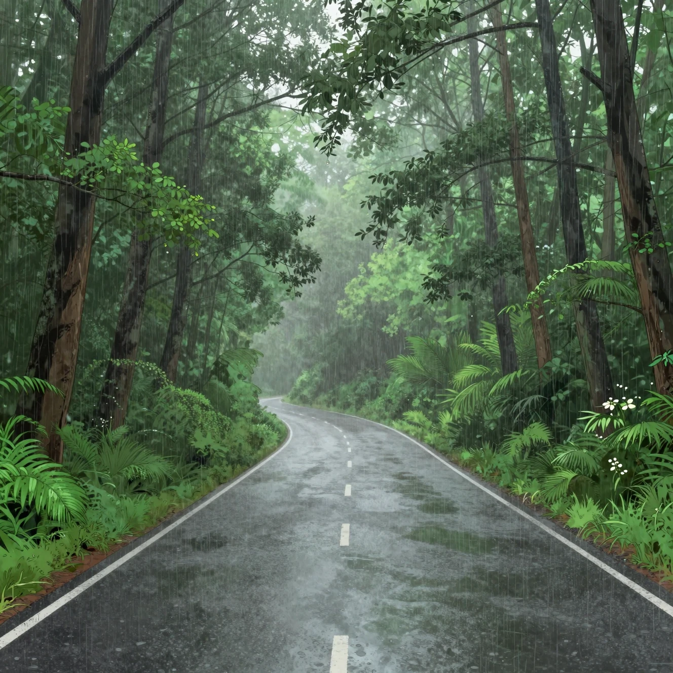 Misty forest road winding through lush greenery in rain