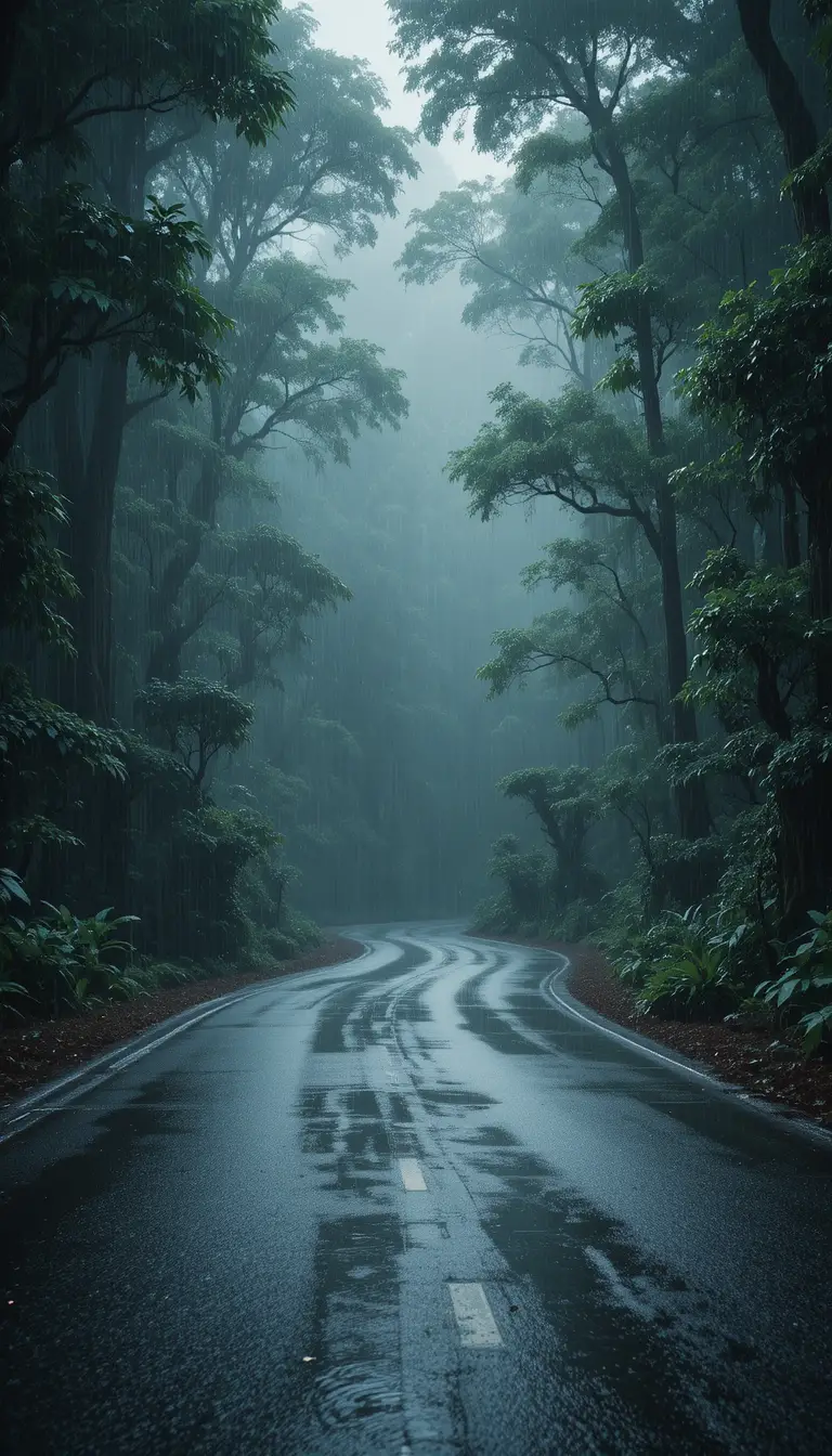 Strada di foresta avvolta dalla nebbia che si snoda tra boschi verdeggianti