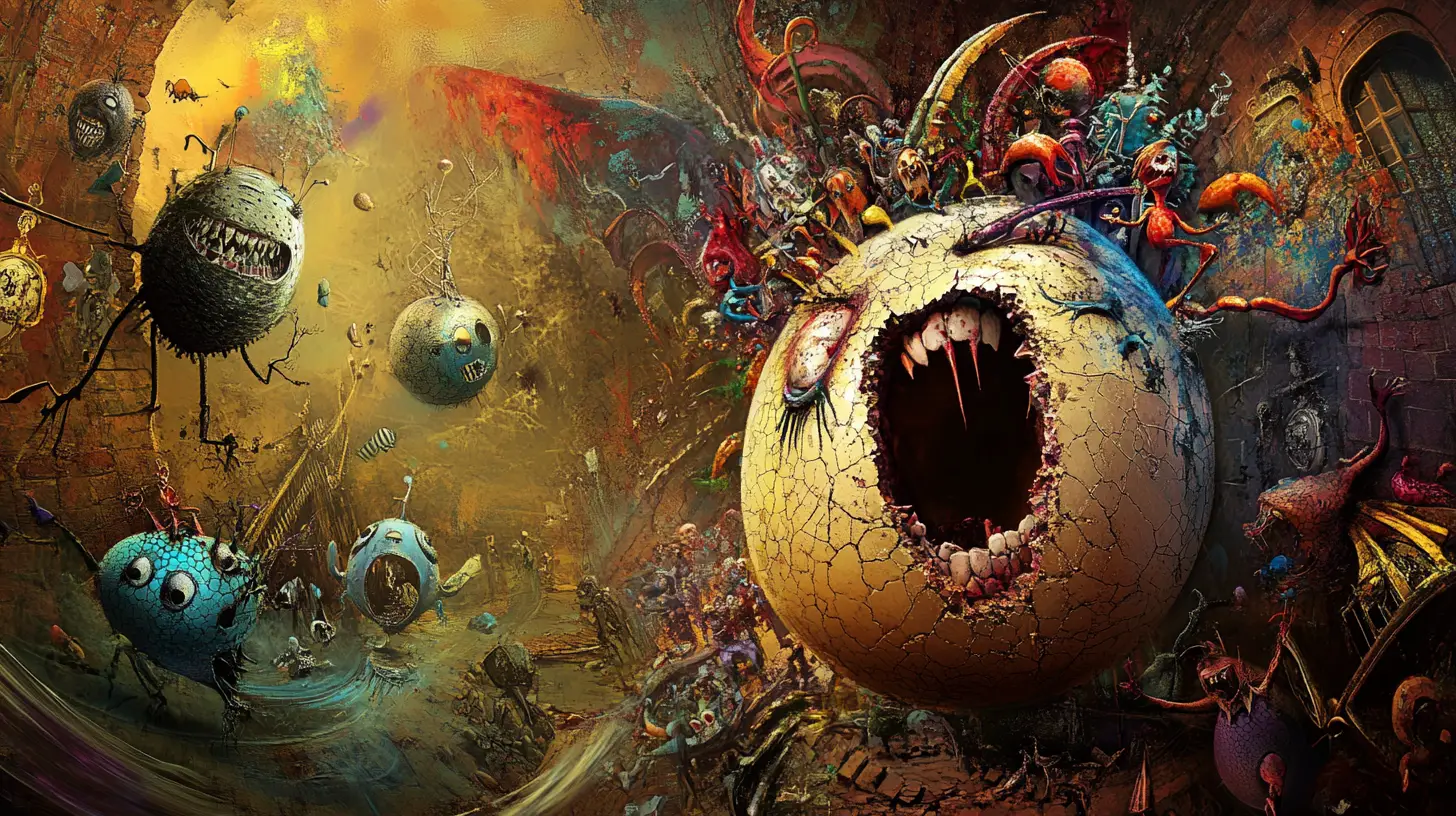 Crying egg woman mourning Humpty in surreal fairy tale chaos