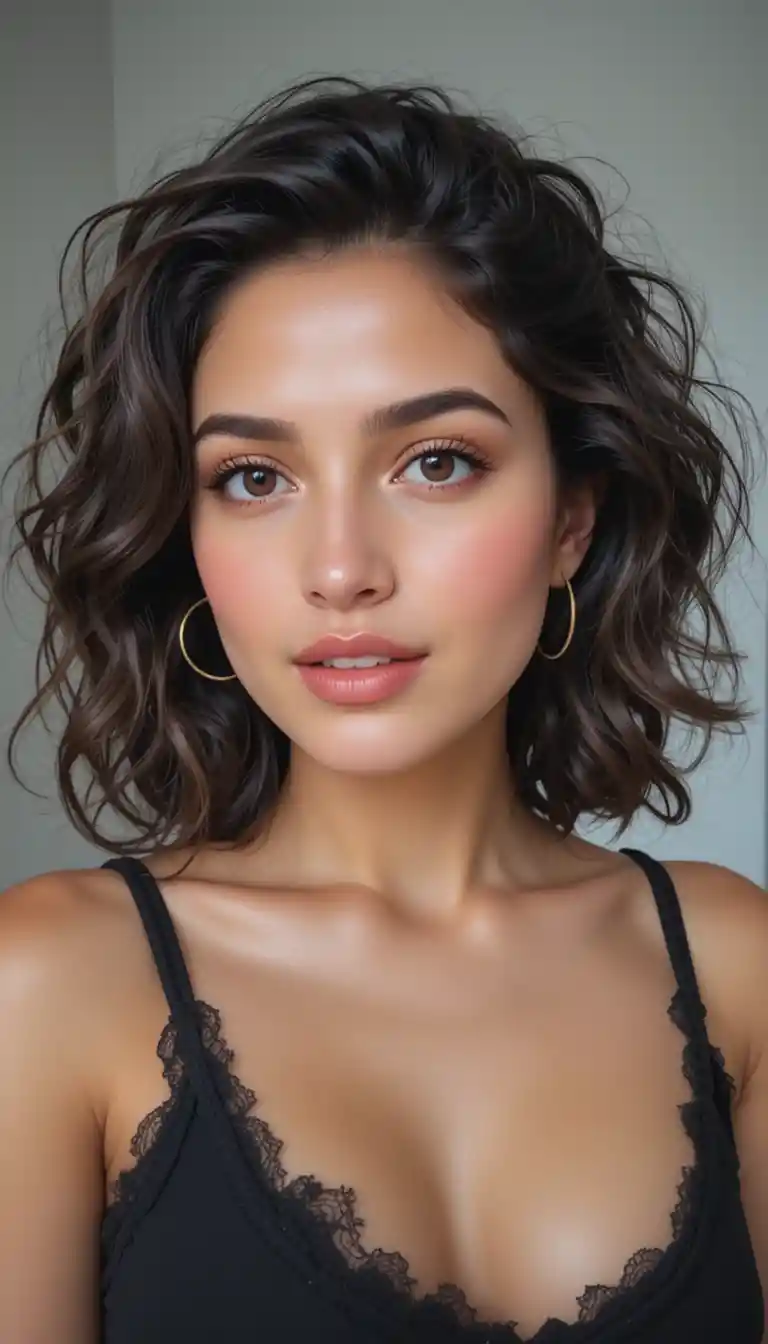 Confident woman with wavy dark hair and natural makeup