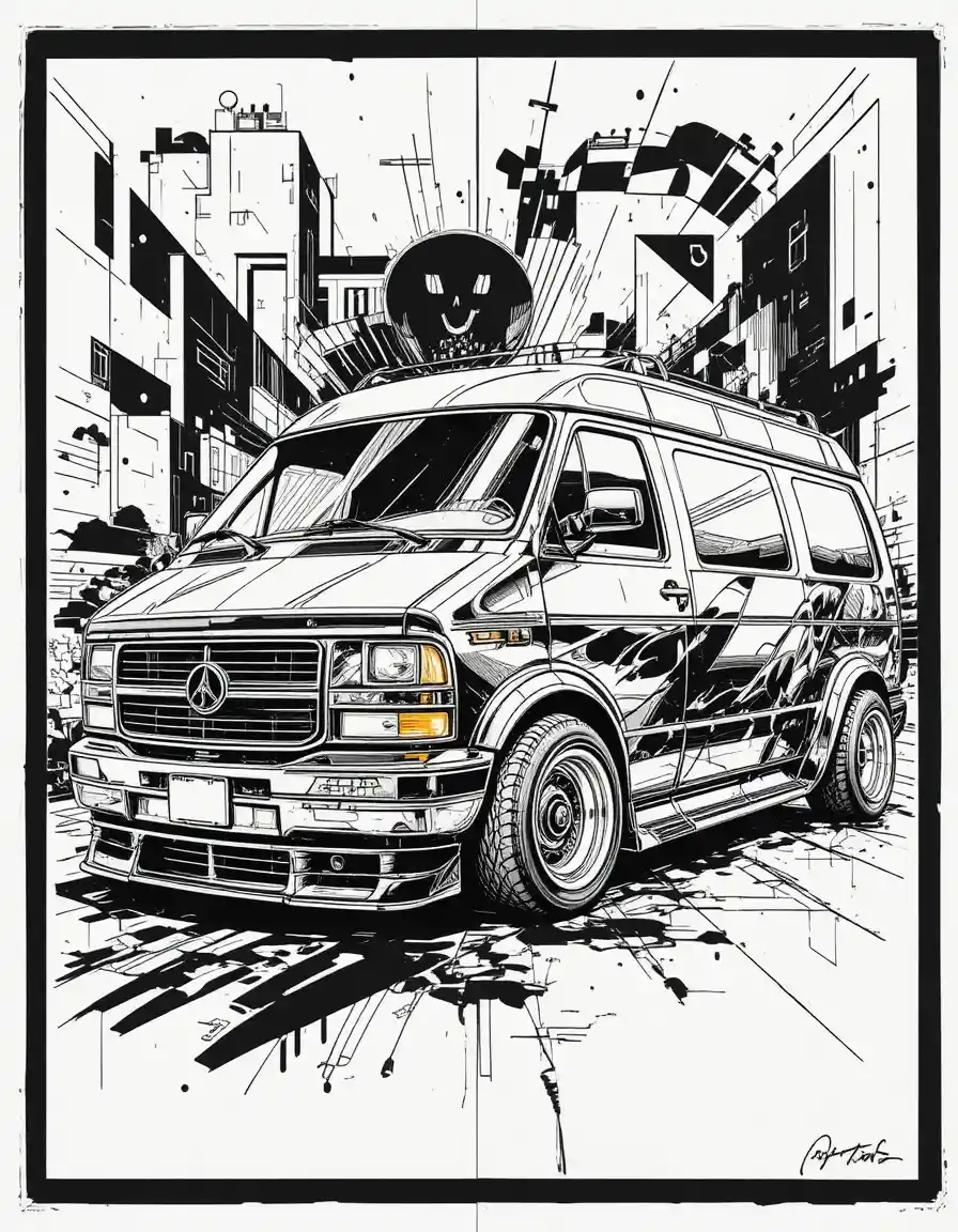 Custom euro van drawing with bold monochrome graphic background