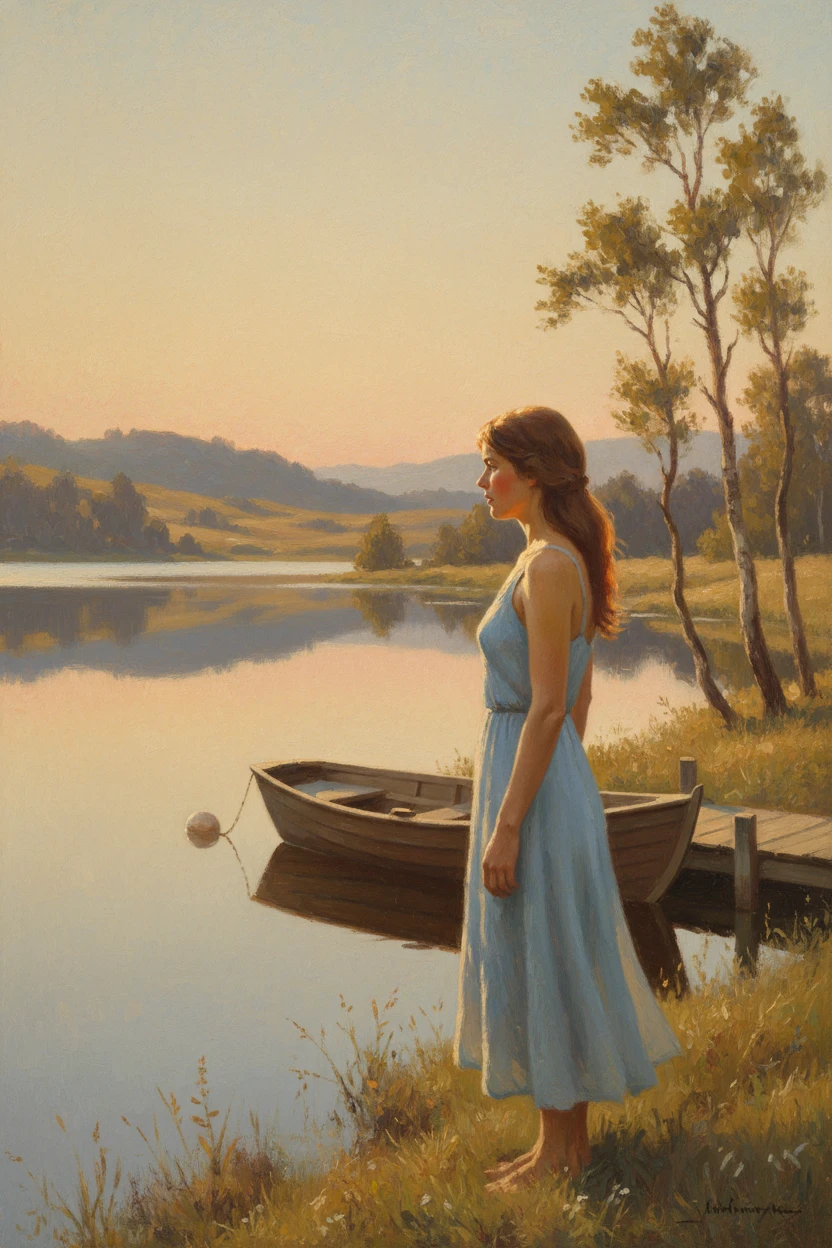 Young woman by a tranquil lake at golden summer dusk