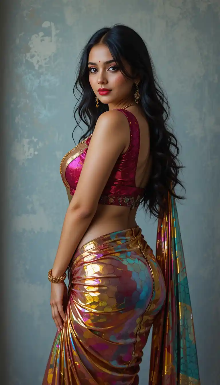 Tamil woman in glossy mirror saree full body pose