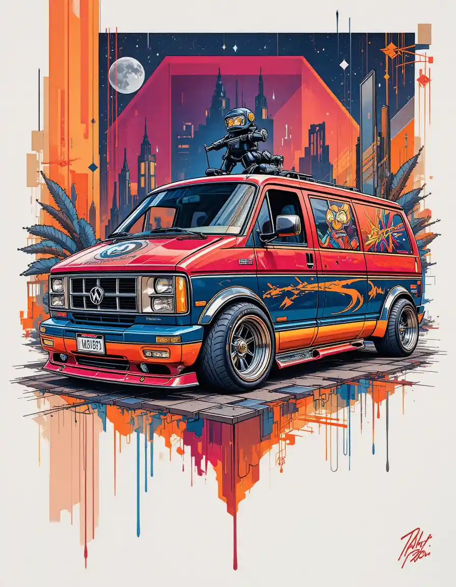Color pencil euro style van with bold graphic background