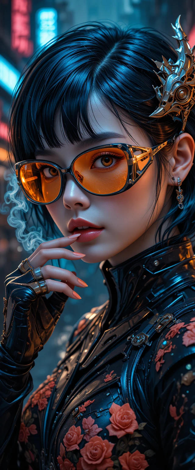 Dark goth woman with metallic muzzle mask and flowers