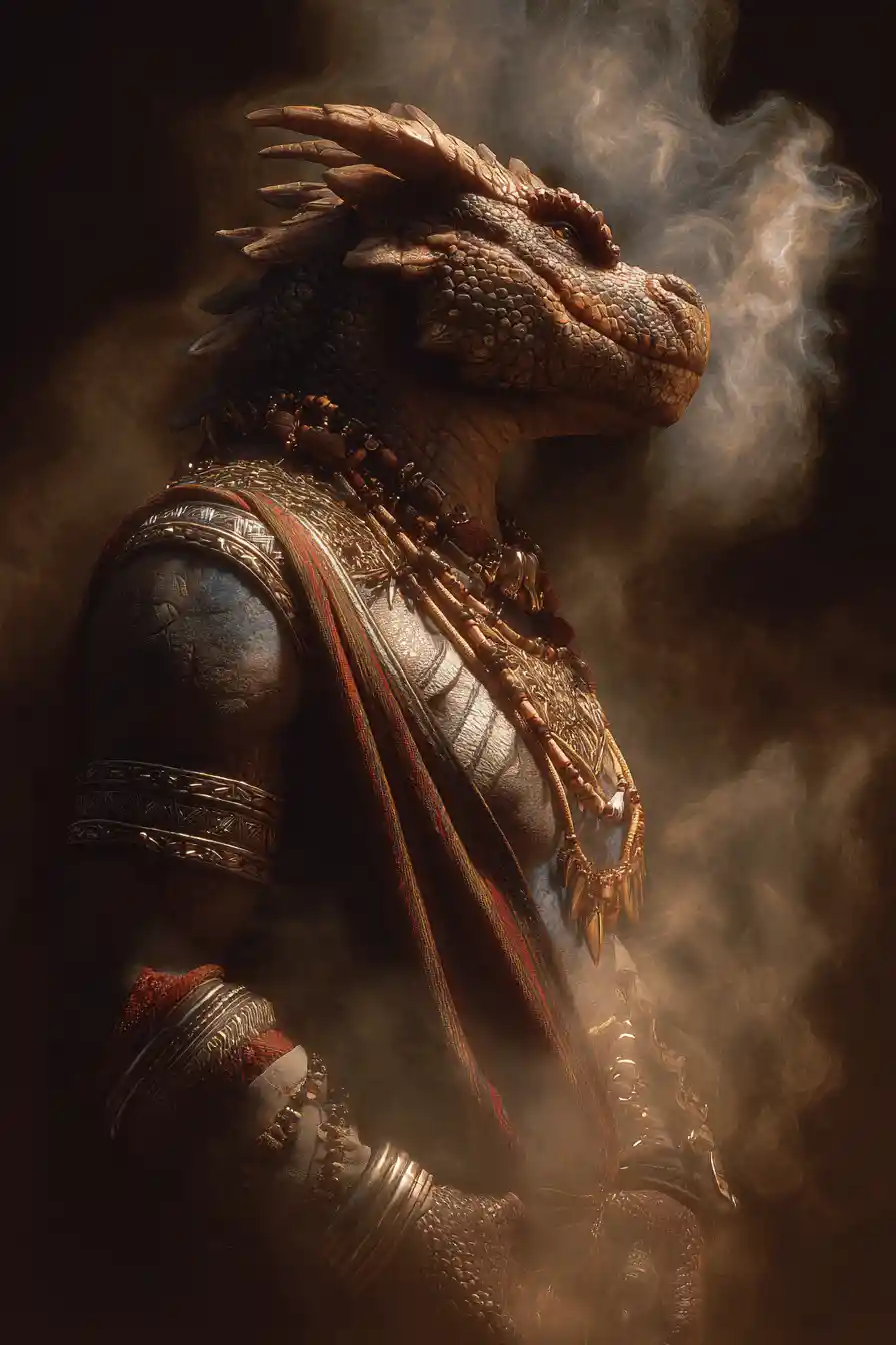 Portrait of a Mediterranean dragon warrior in glowing smoke