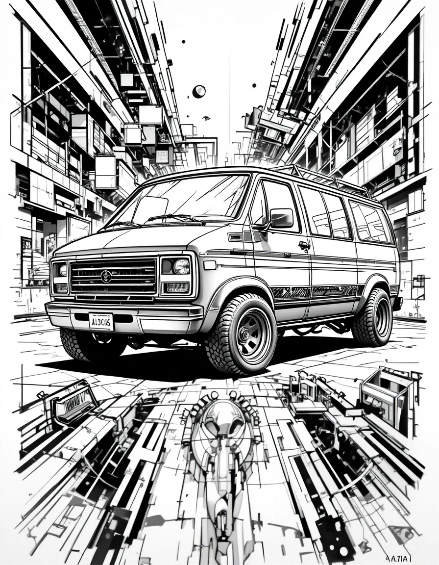 Custom 2000s van with bold geometric abstract background