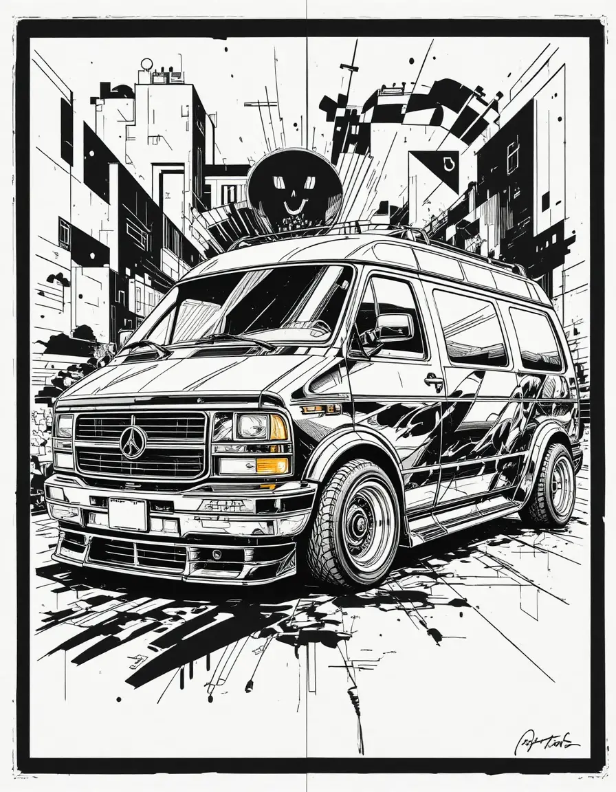 Custom euro van drawing with bold monochrome graphic background