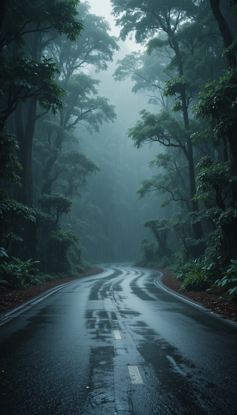 Misty forest road winding through lush green woodland