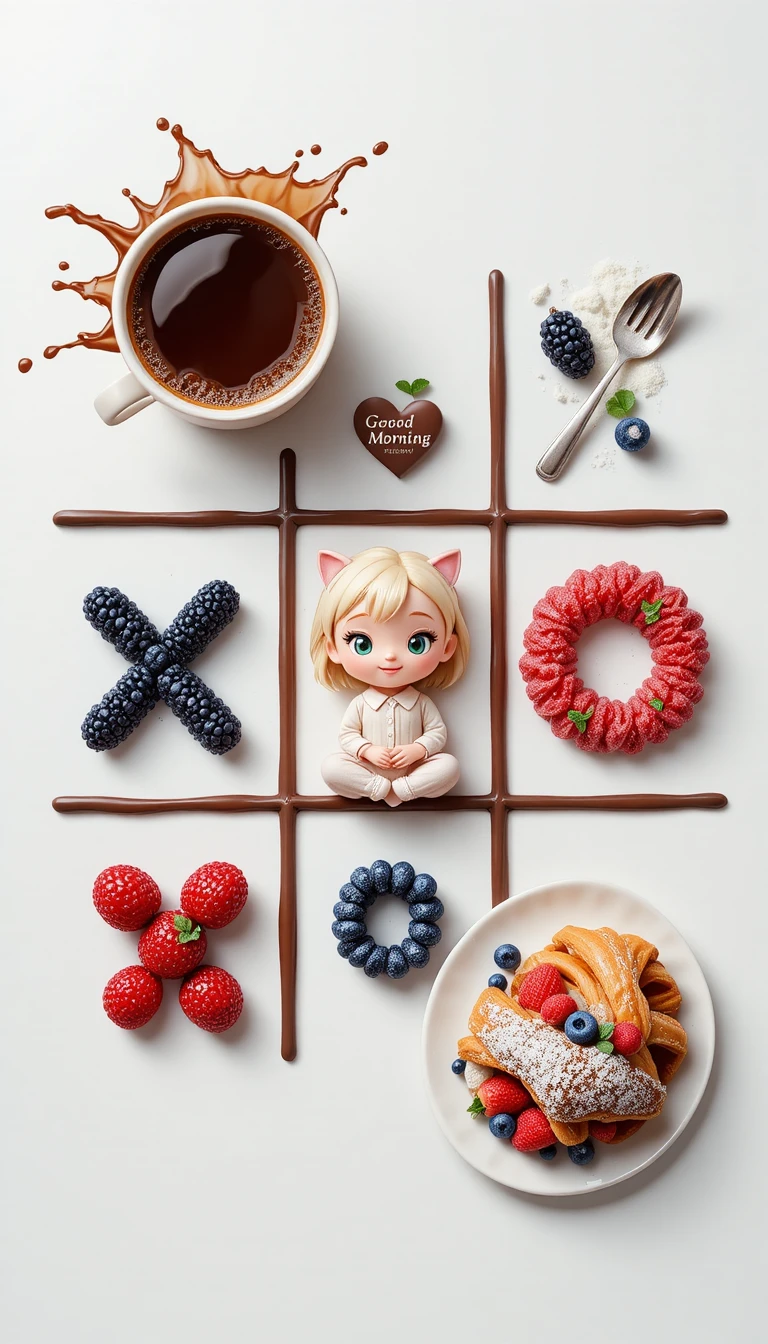 Breakfast tic tac toe board with coffee and fruit treats