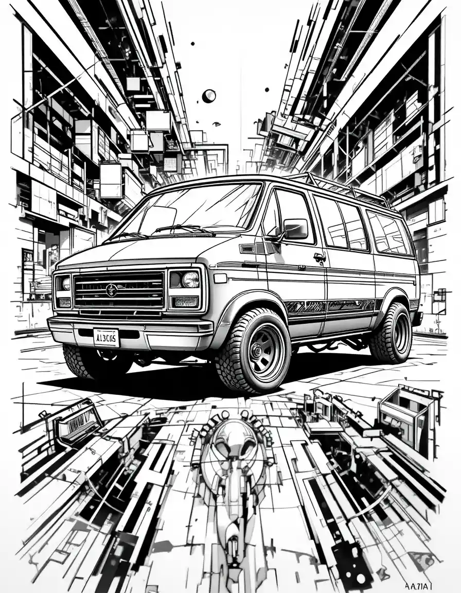 Custom 2000s van with bold geometric abstract background