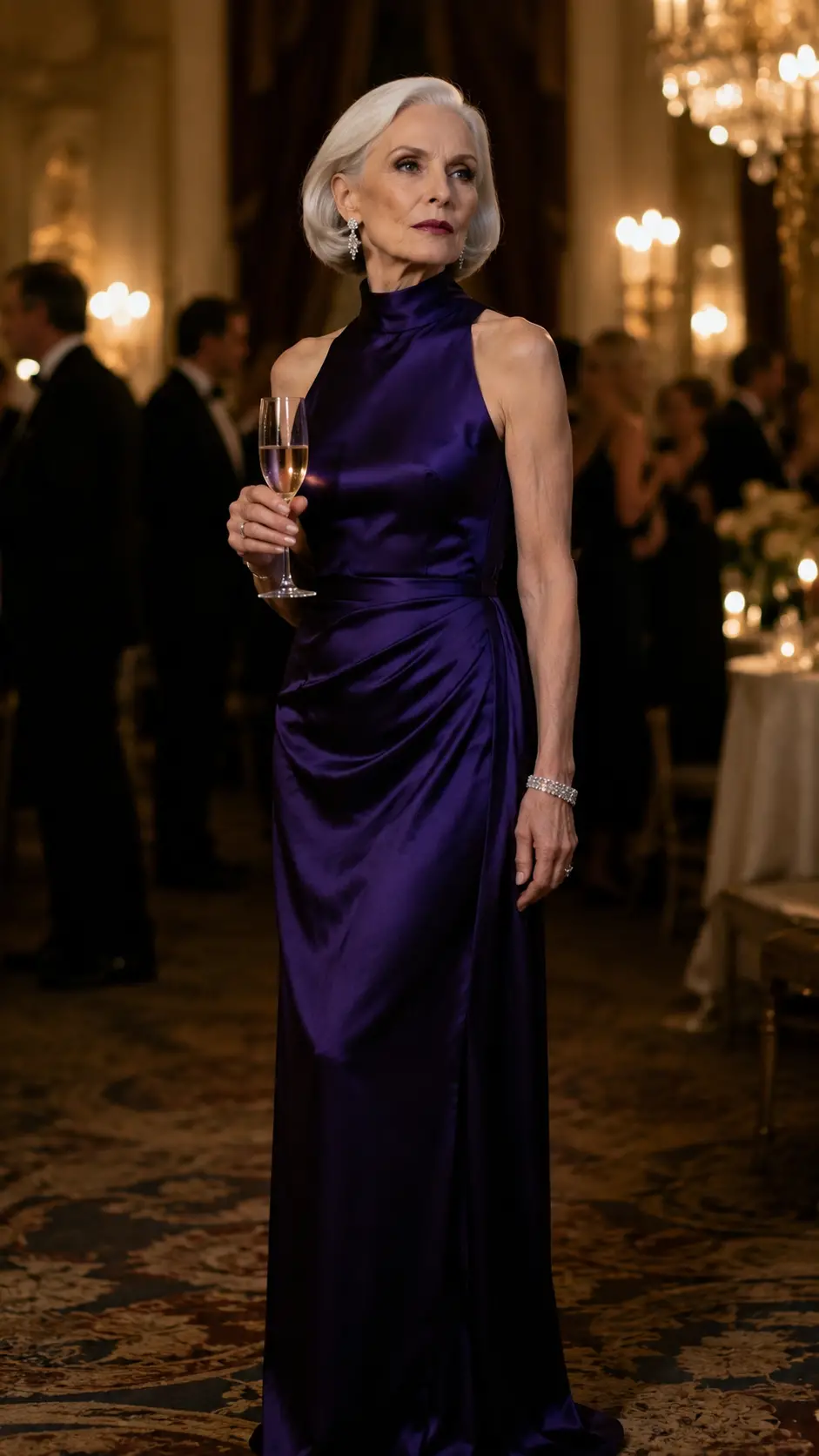 Elegant senior woman at a luxurious gala dinner