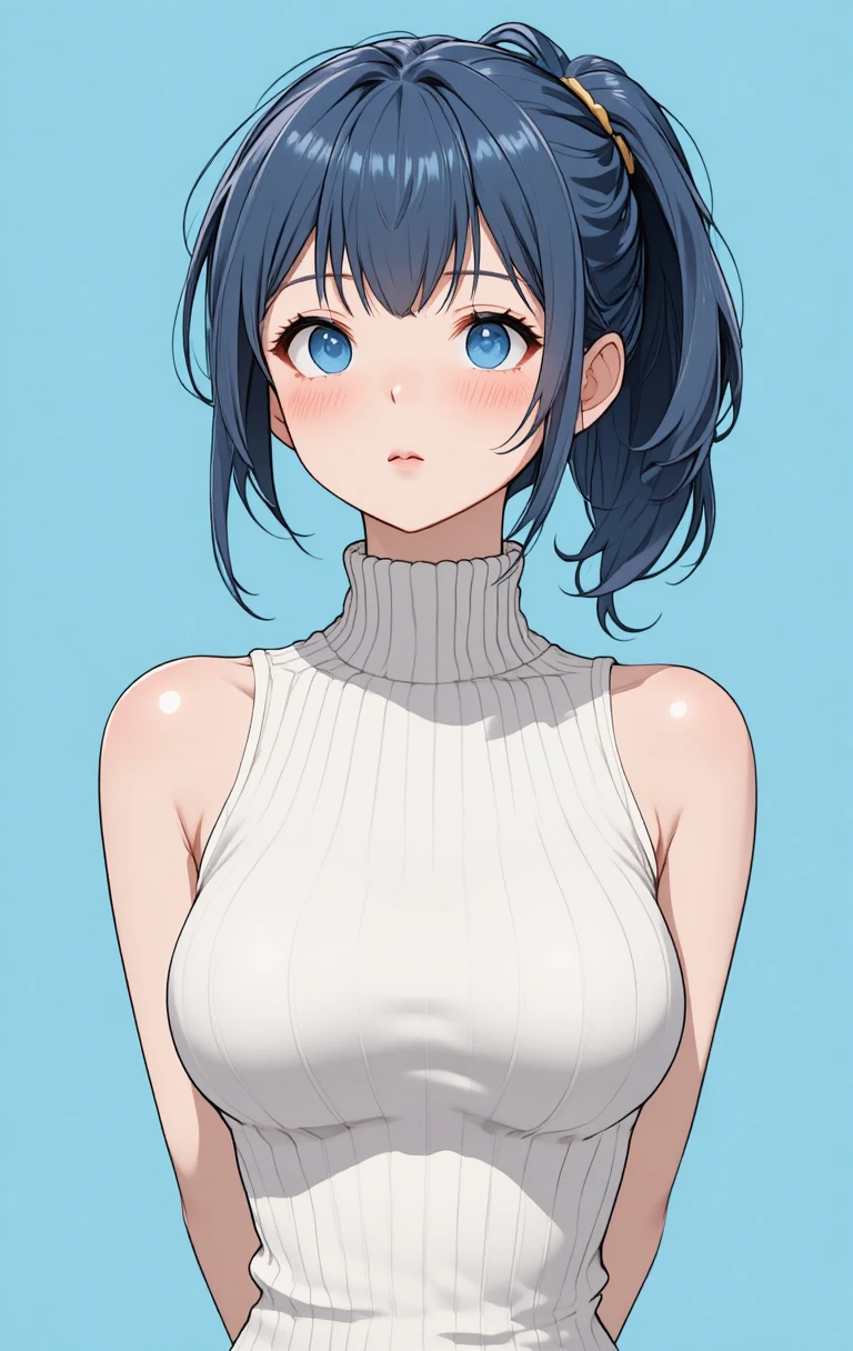 Anime girl in cream turtleneck looking up softly