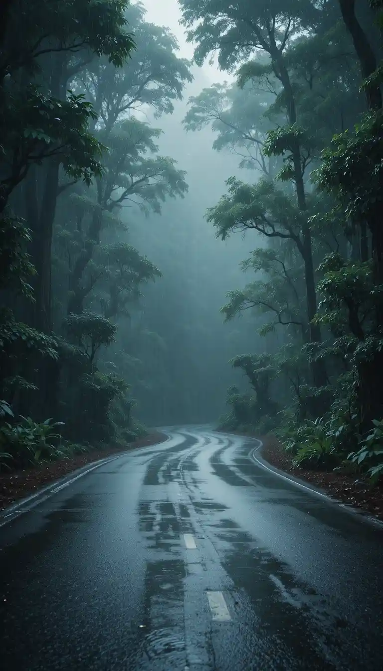 Misty forest road winding through lush green woodland