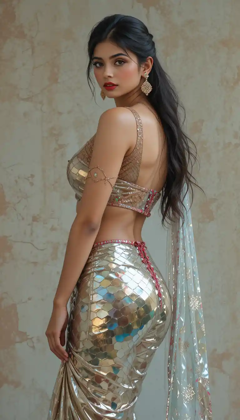 Tamil woman in glossy saree with exposed midriff pose