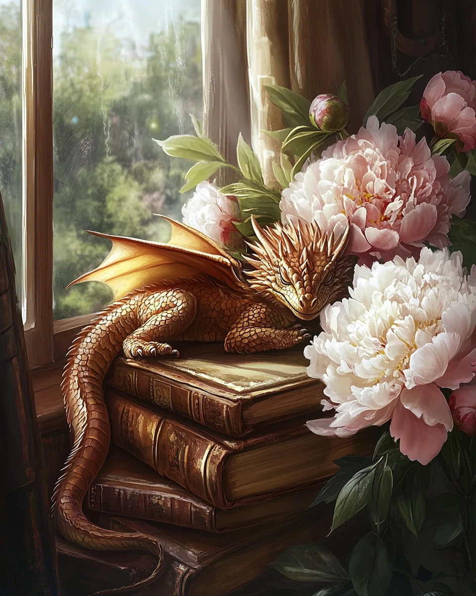 Sleeping baby dragon among books in warm sunlight