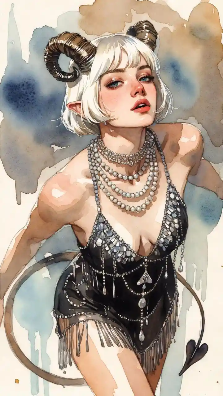 Flapper inspired tiefling woman in black sequin dress
