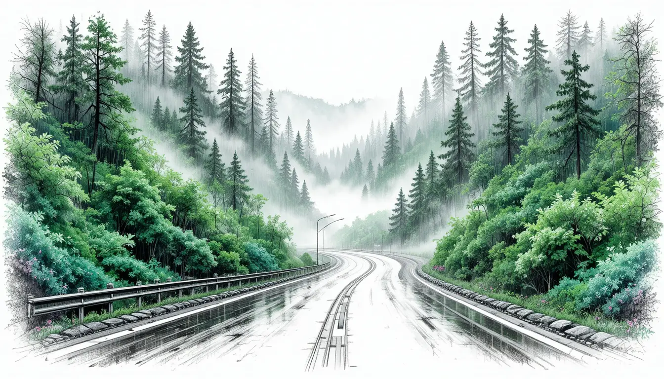 Autostrada nella foresta avvolta dalla nebbia tra fitti alberi smeraldo