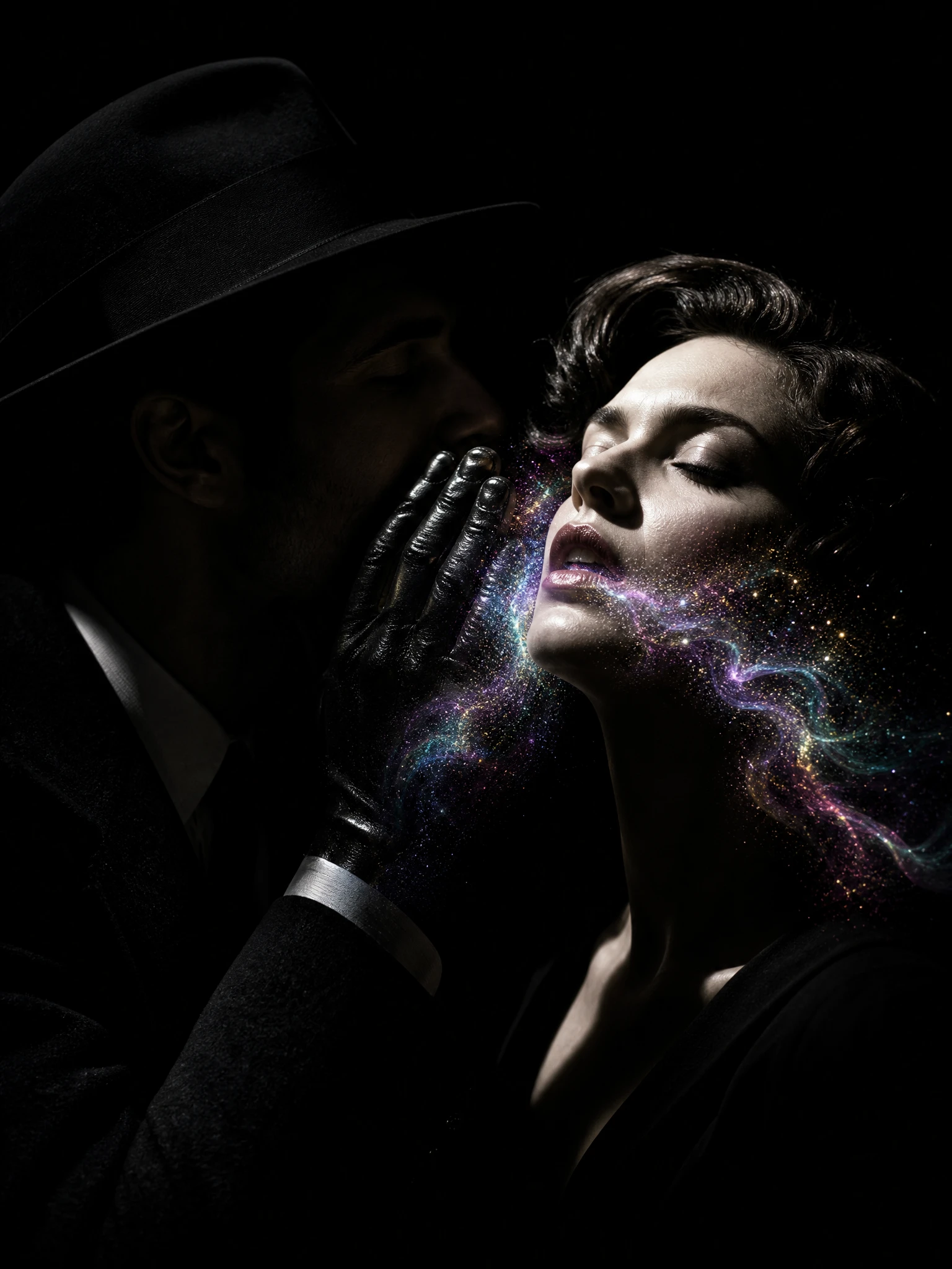 Man whispering into a void with glowing breath