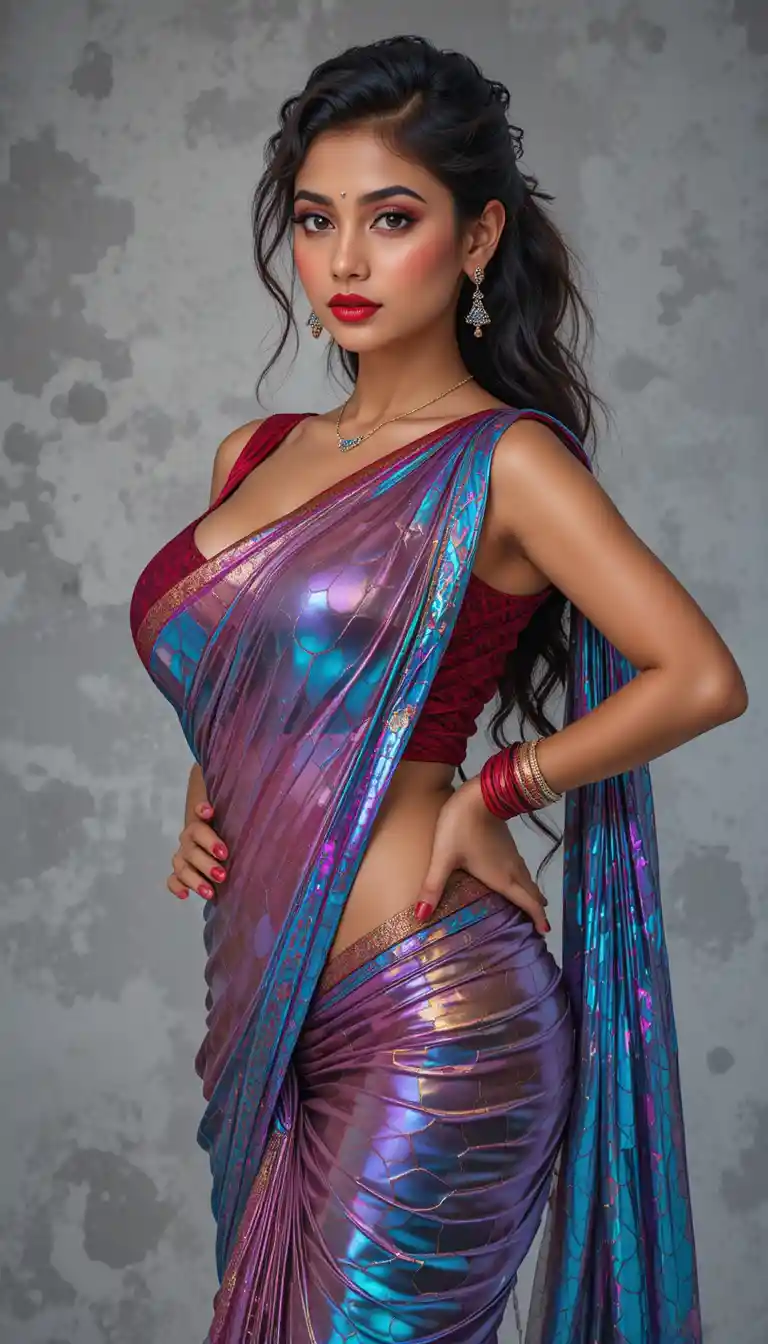 Tamil woman in glossy saree with exposed midriff pose