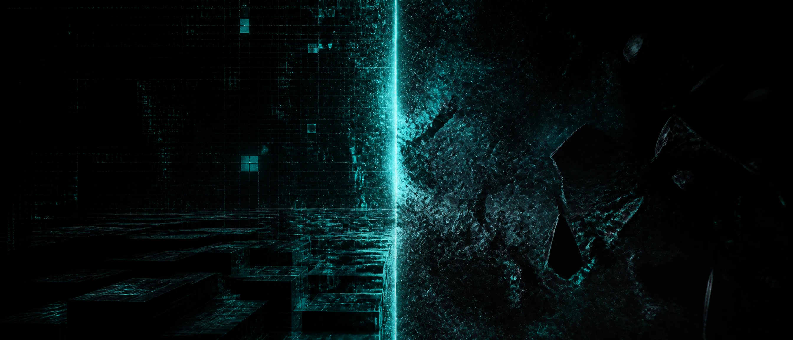 Vertical glowing line dividing pixelated and disintegrating worlds