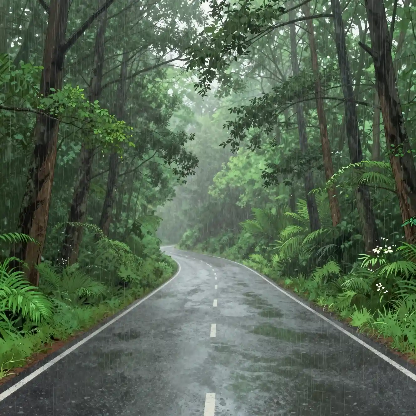 Misty forest road winding through lush greenery in rain