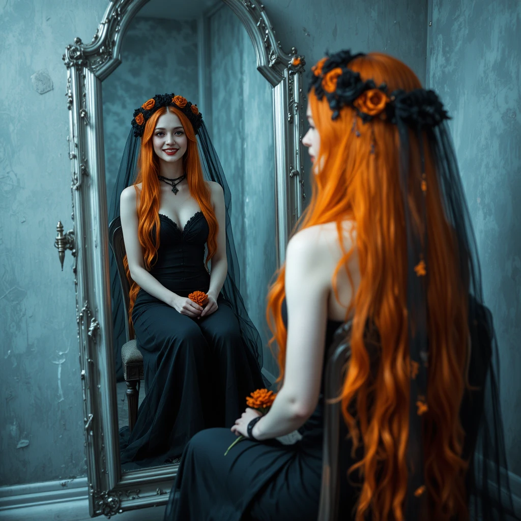 Smiling dark bride with orange hair seated before mirror