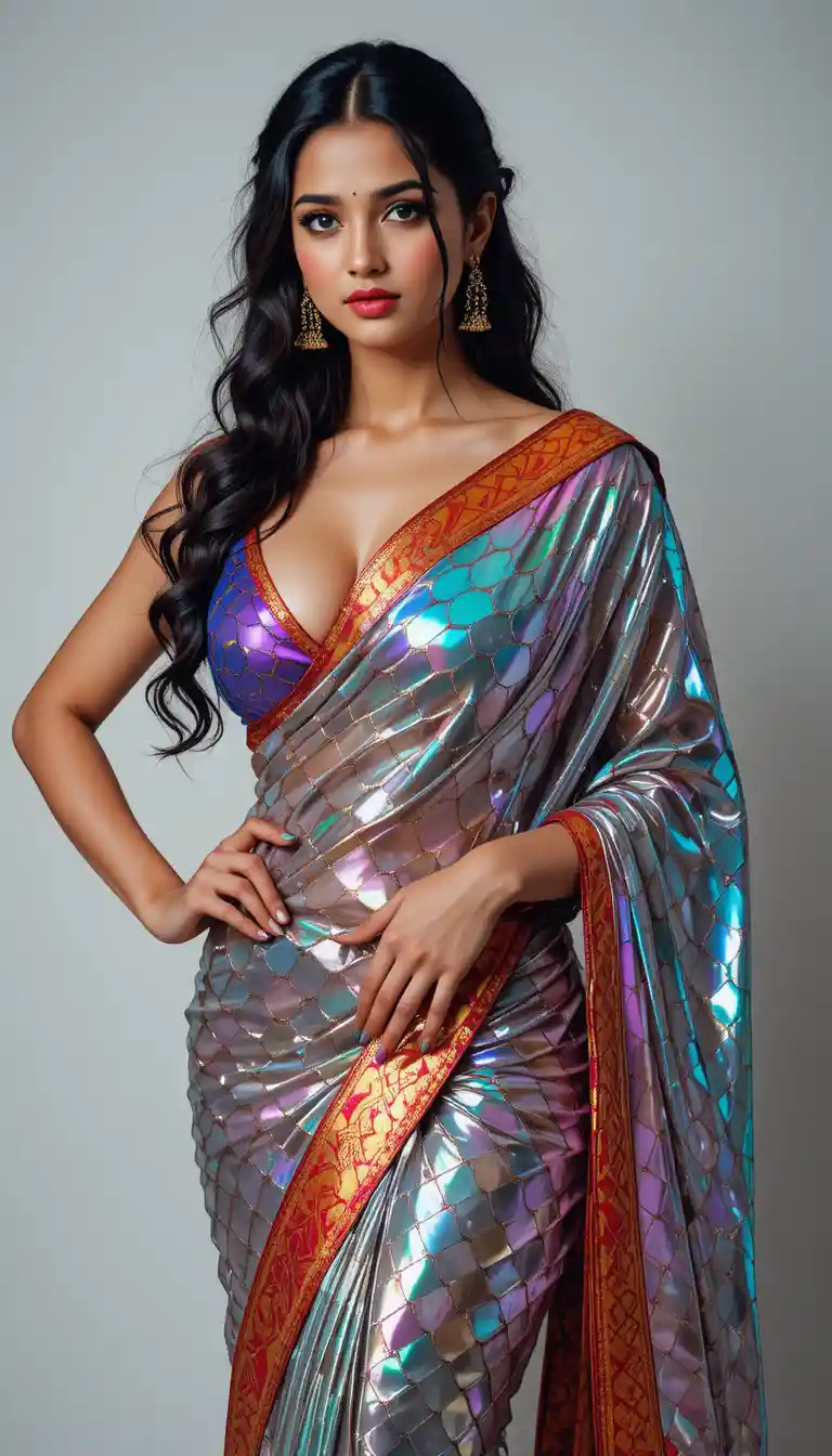 Tamil woman in glossy saree with exposed midriff pose
