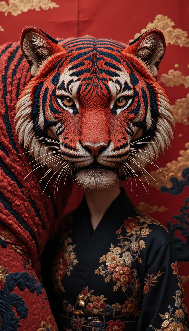 Giant embroidered tiger head eclipsing model in kimono