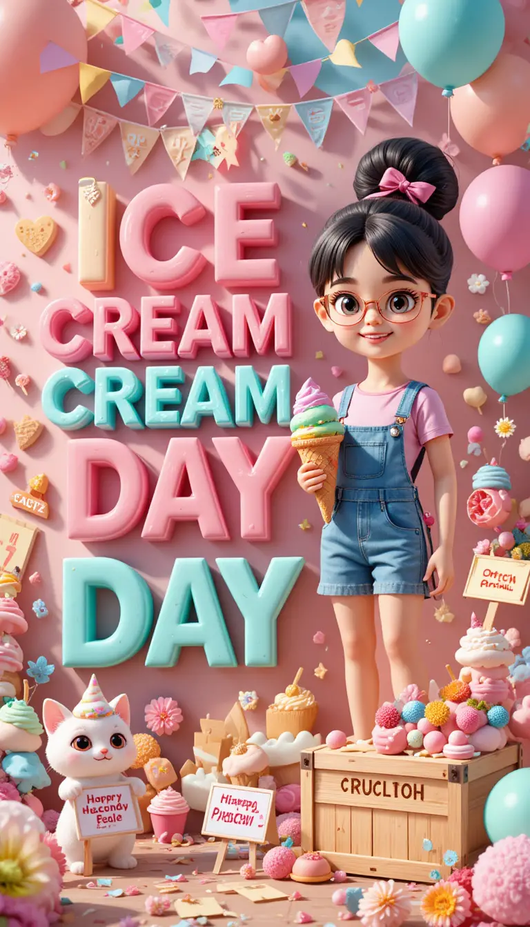 夏のアイスクリームフェスを楽しむ陽気な3D少女
