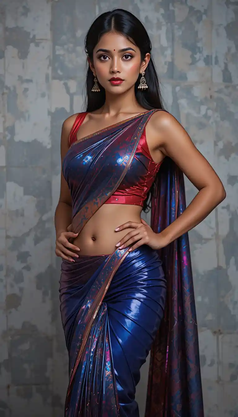 Tamil woman in glossy saree bending in full body pose